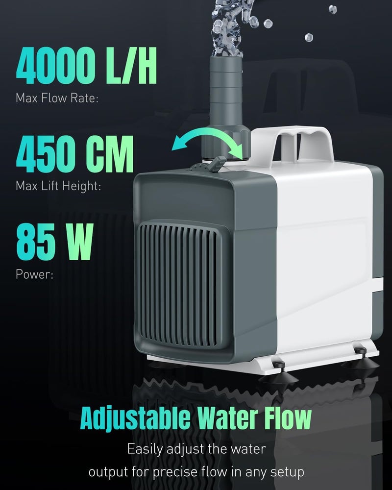 Pawfly 1060 GPH Fountain Pump, 85 W Submersible Water Pump with 14.8 ft. High Lift and 3 Nozzles, Quiet Water Fountain Pump for Aquarium Fish Tank Waterfall Pond & Hydroponics - Image 2